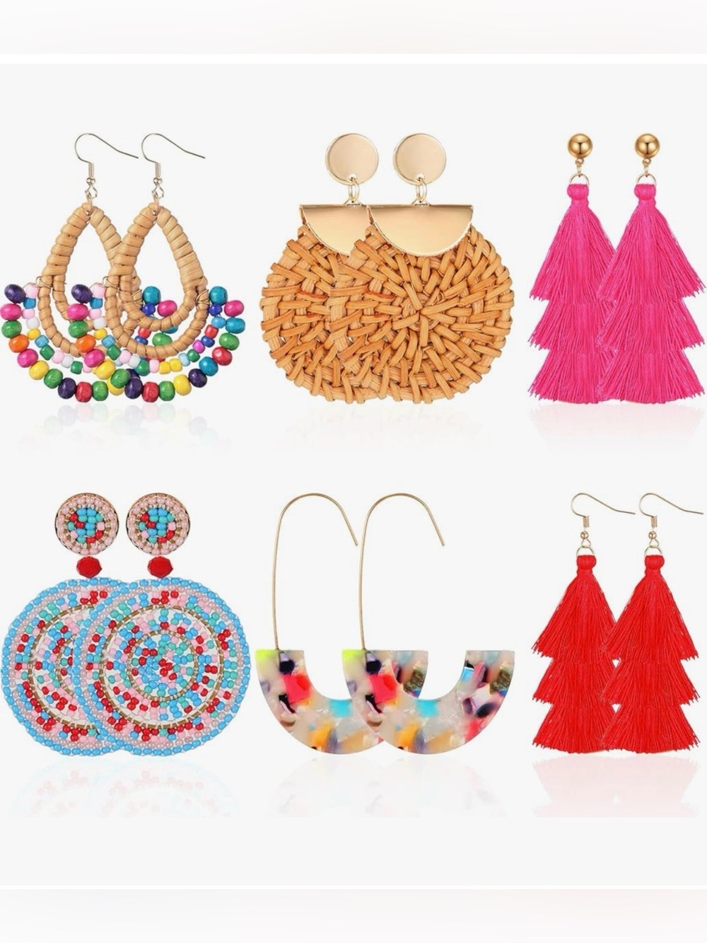 Boho Multicolor Beaded Teardrop Earrings. Set of 6.